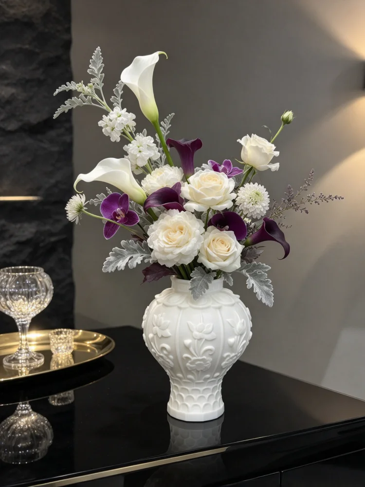 Vintage Elegant Spherical Vase, 3D Printed White Petg Material, Shatter-Resistant, Pearl Embossed Lotus Pattern, Octagonal Narrow Mouth Design, Bohemian Pastoral Style Decor, Modern Minimalist Desktop Flower Vessel, Suitable for Dried Flowers and Reed Grass Decoration, Home Living Room Bedroom Ornament, Office Bathroom Wedding Scene Creative Decoration Gift