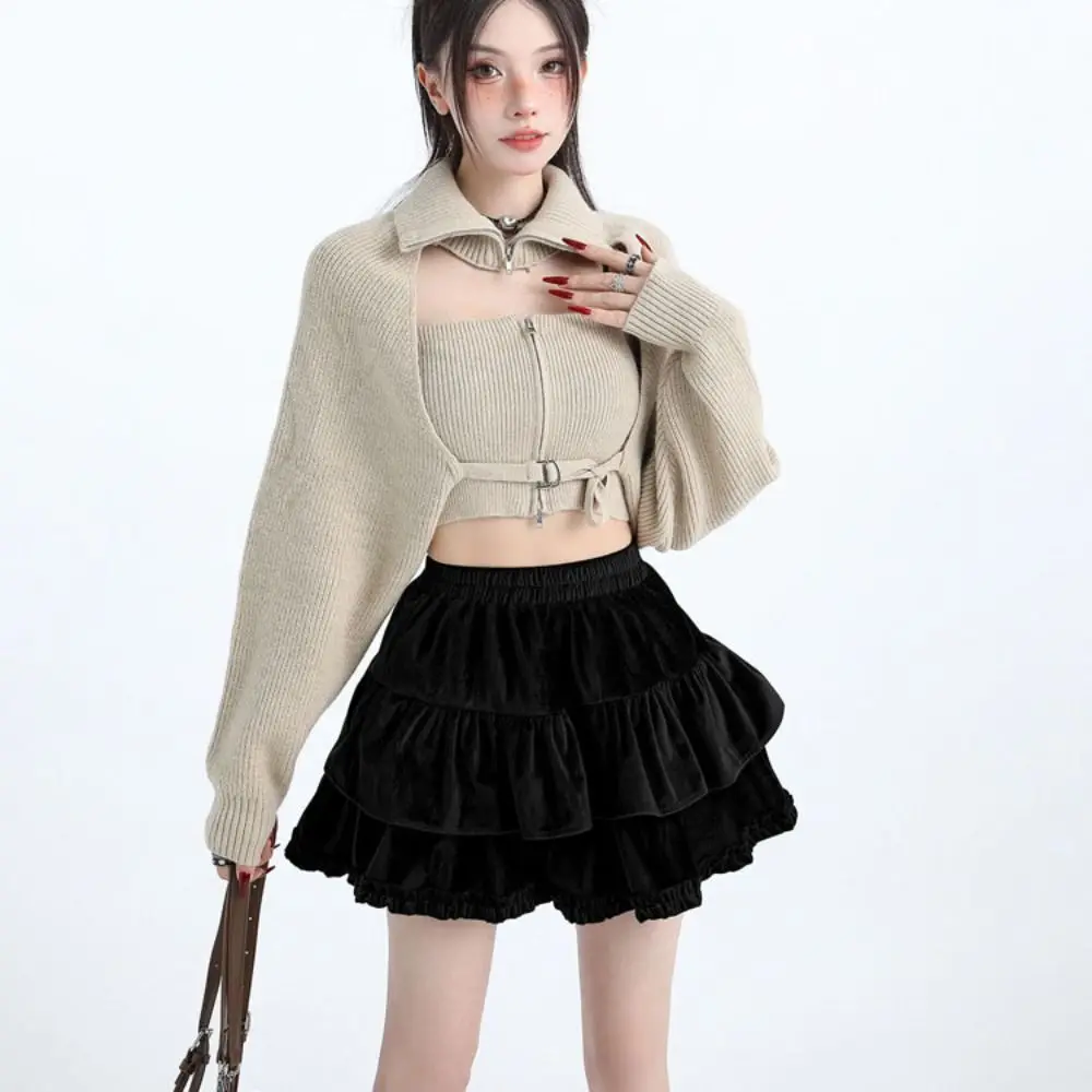 Sweet Velvet Shorts Mini Skirt Elastic Short High Waist Skirt Korean Style Tiered Pleated Mini Skirts Spring Autumn