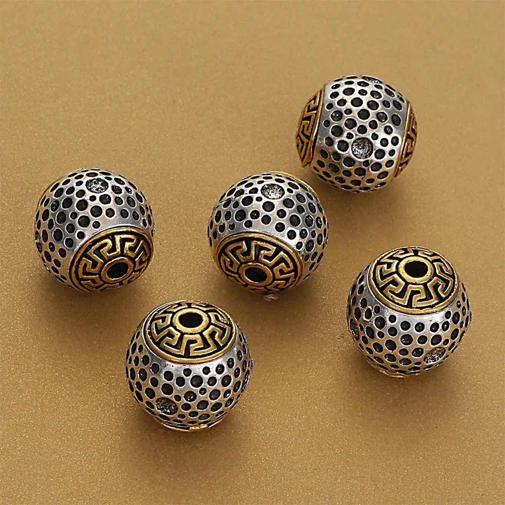 5Pcs 12MM Vintage Antique Golden Silver Plated Cast Metal Striped Round With Dots Surface Spacers Beads For Diy Jewelry Making