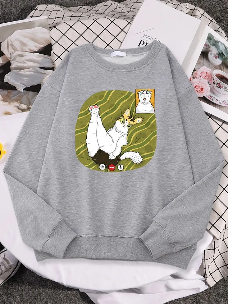 Women Hoody Daily Full Sleeve Sweatshirt Loose Comfortable Pullover Soft Crewneck Sportswear The Cat In The Video Shows Its Butt