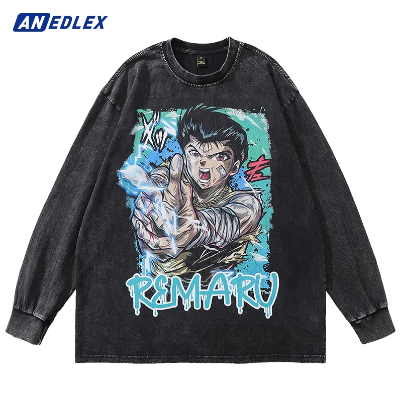 

Fashion Vintage Washed T-Shirt Autumn Anime Graphic Print Harajuku O-Neck Long Sleeve Black T-Shirt Streetwear Cotton T Shirt