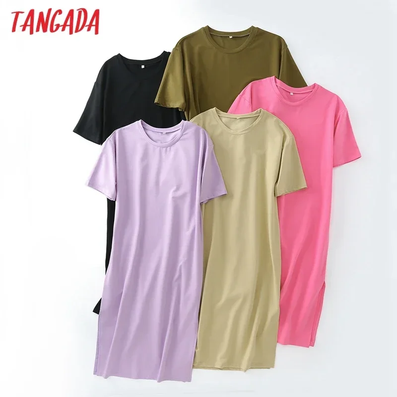 Tangada Summer Women Elegant 95% Cotton Sweatshirt Dress Oversized Short Sleeve Side Open Ladies Midi Dress 6L60