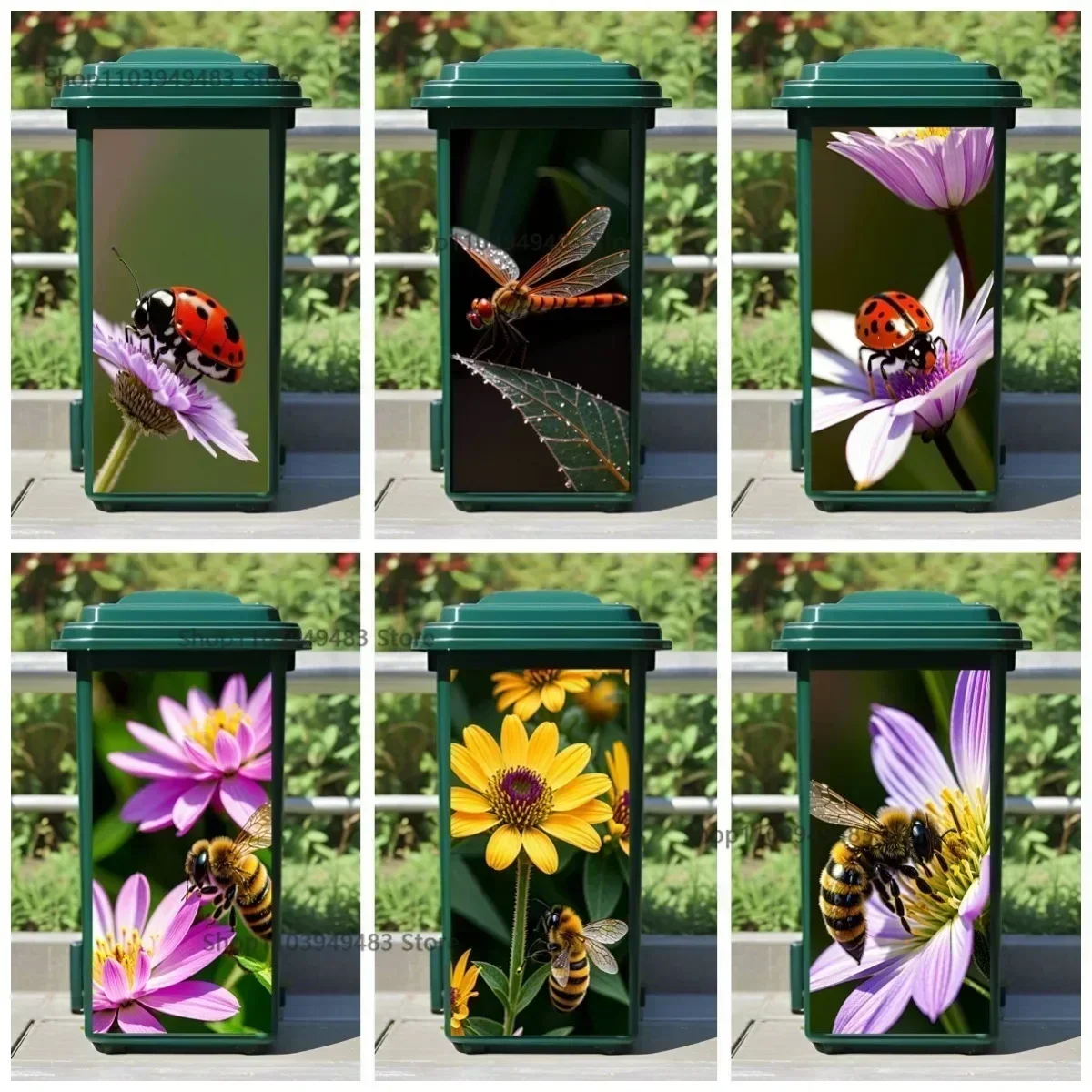 Latas de basura de la serie de insectos y flores, pegatinas decorativas impermeables a prueba de aceite para arte, autoadhesivas para exteriores, calcomanía ecológica