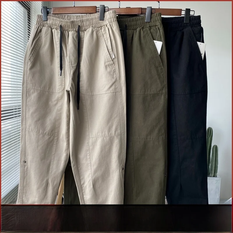 

Тяжелые рабочие брюки Ameika цвета хаки из чистого хлопка с диагональной талией, мужские свободные широкие брюки с девятью точками, повседневные летние модные брюки
