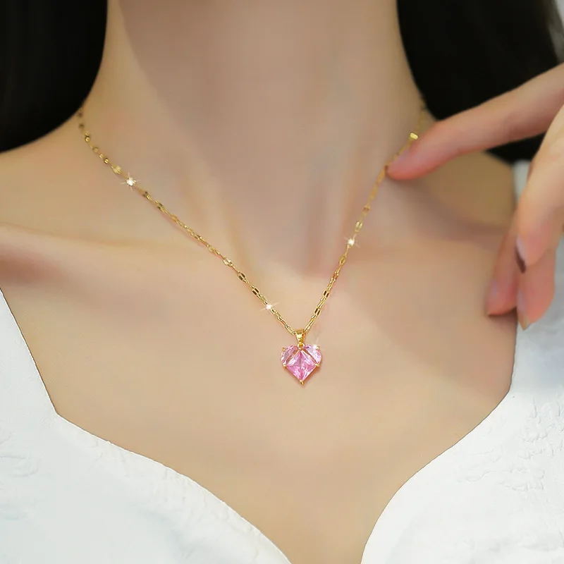 DIEYURO 316L Stainless Steel Heart Pink Zircon Pendant Necklace For Women New Girls Clavicle Chain Party Birthday Jewelry Gifts