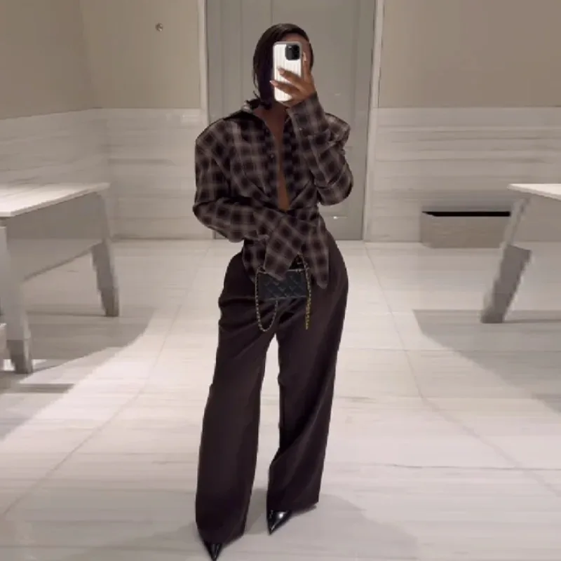 

Chic Sexy Plaid Long Sleeved Shirt Designers Flattering Stylish Casual Female Autumn Tops Trendy Fashionable Women's Streetwear