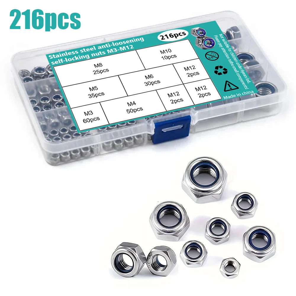 216 Pieces of Stainless Steel Nylon Embedded Anti-Slip and Anti-Loosening Self-Locking Nuts, M3 M4 M5 M6 M8 M10 M12
