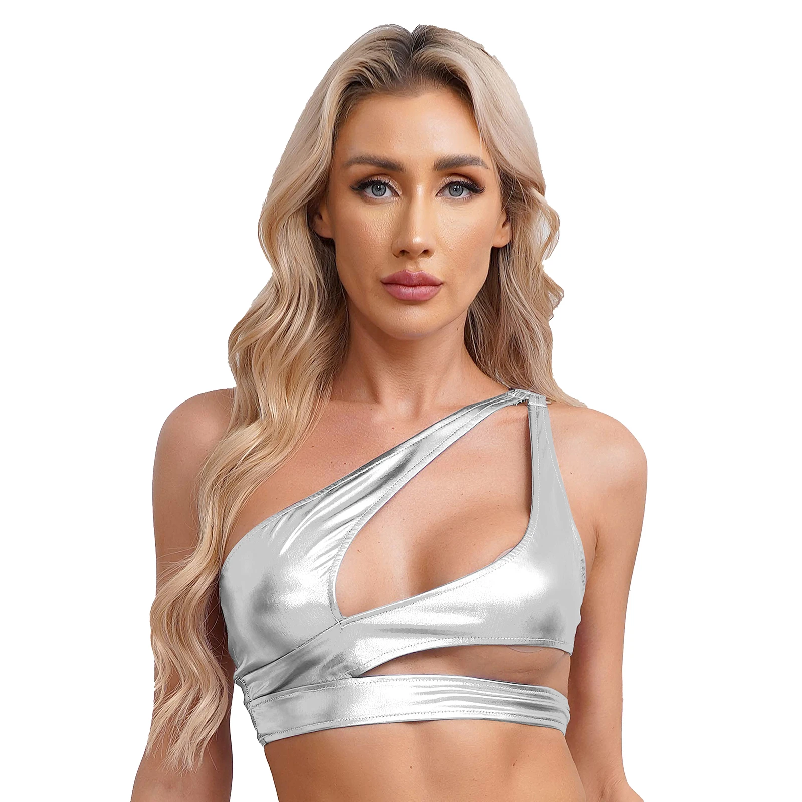 Womens Metallic Shiny Hollow Out Crop Top One Shoulder Sleeveless O-ring Cutout Bodycon Vest Tank Tops Rave Party Disco Clubwear