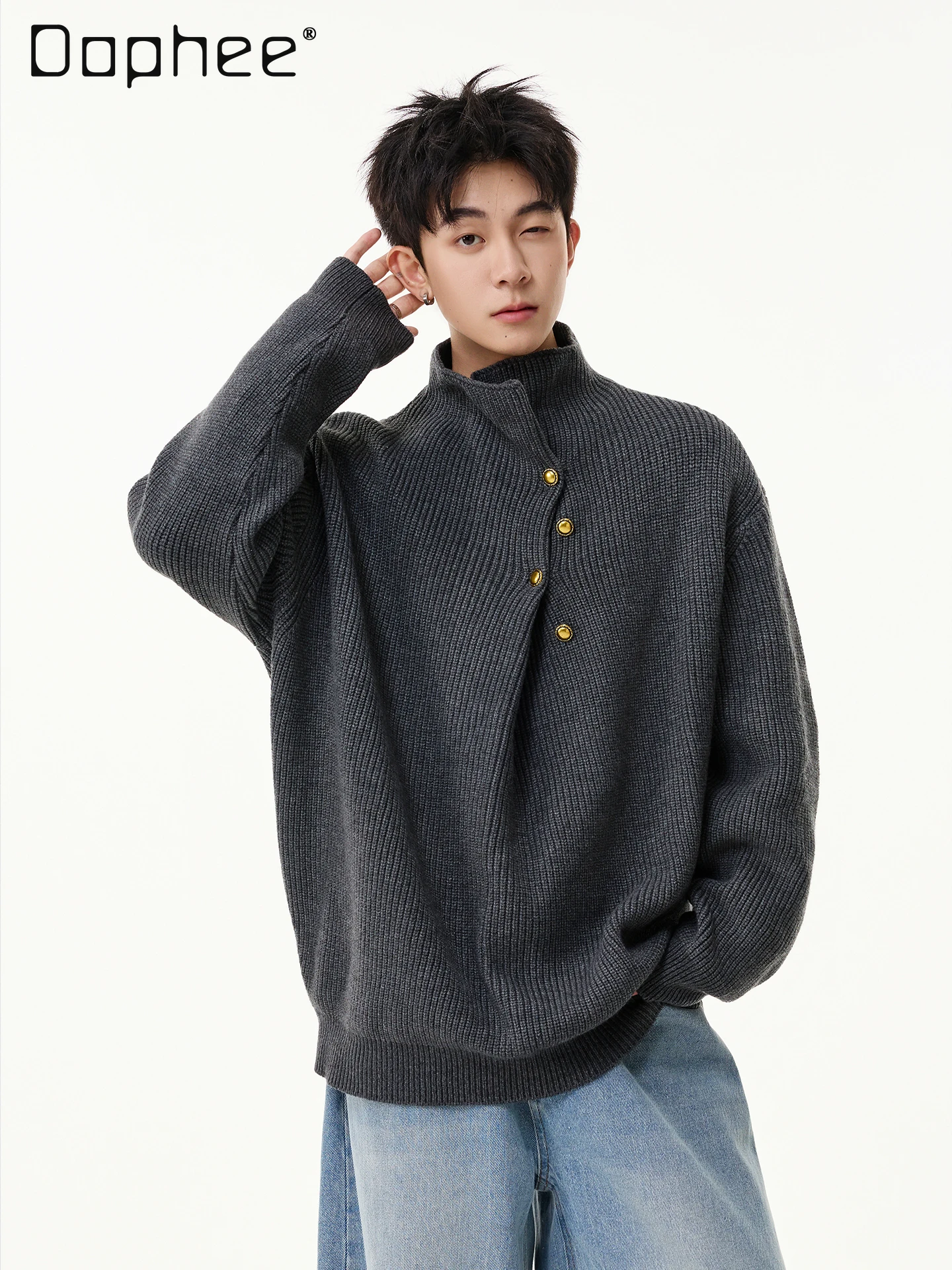 Autumn Winter New Men's Button Design Half High Collar Black Red Knitted Sweater Men's Loose Casual Light Gray White Sweater