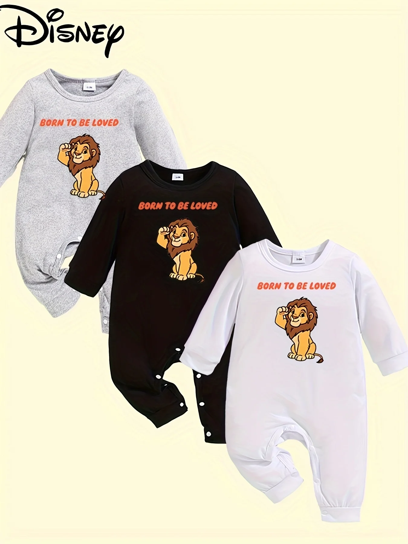 

【Authorized Disney Three-Pack】 the Lion King Baby Long-Sleeve Romper, Cute Pattern Print, Round Neck, Soft and Comfortable, Machine Washable, Suitable for All Seasons, Suitable for Outdoor Wear