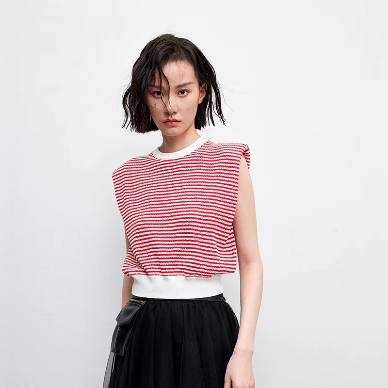 

XMOOM Summer New Hollow out Striped Ice Linen Sleeveless Knitted Top Women's Fashionable Commute Style Low round Neck Short S...