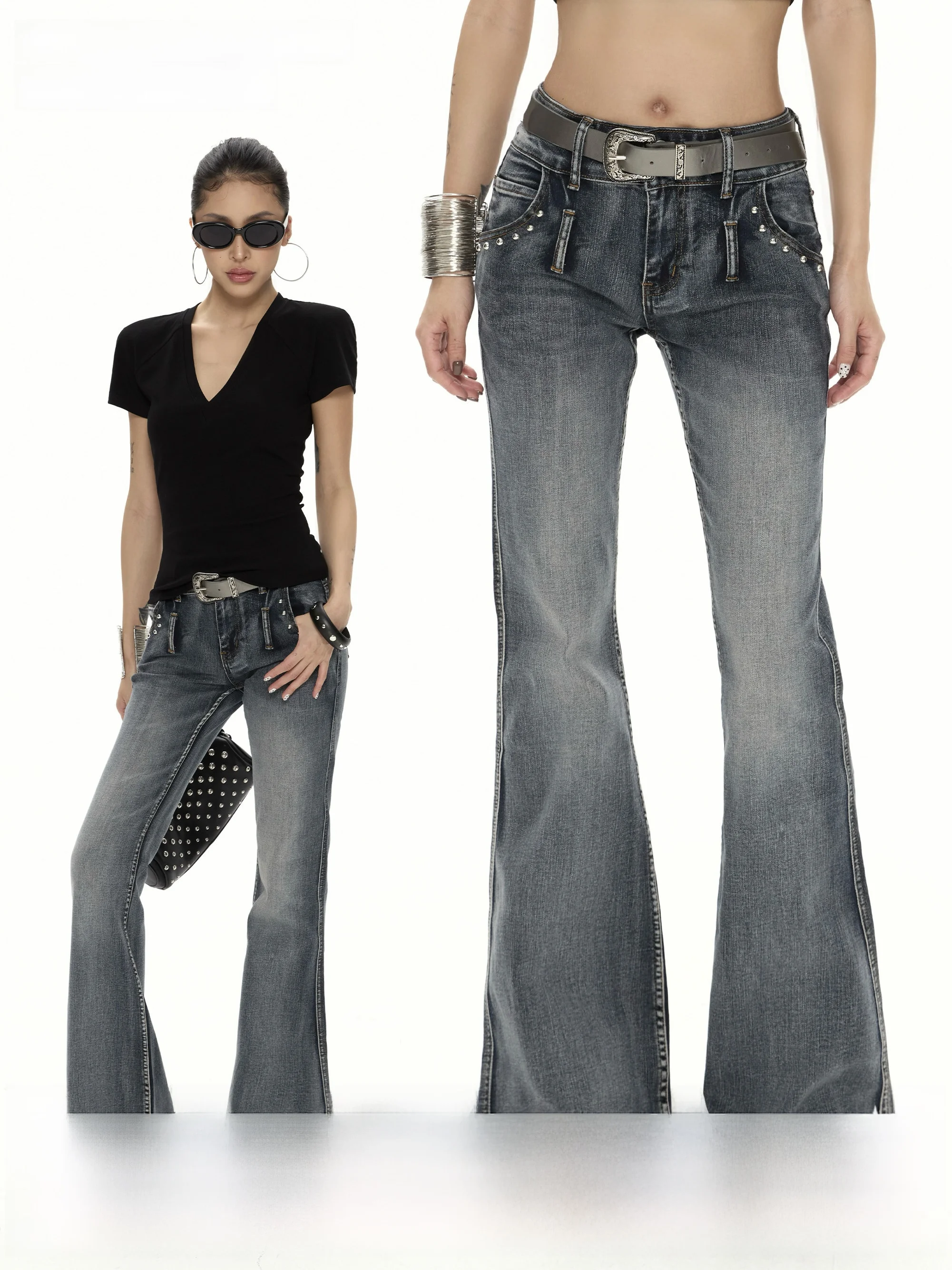 

Wild Zero Vintage Waed Bell Bot Jeans Women's Slimming Faionable Casual Deep Blue High Waist Zipper ket Detail