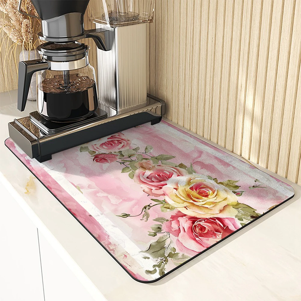 Kitchen Absorbent Drying Mat Plants Flowers Rose Watercolor Kitchen Table Decoration & Accessories Color Pattern Tables Mats