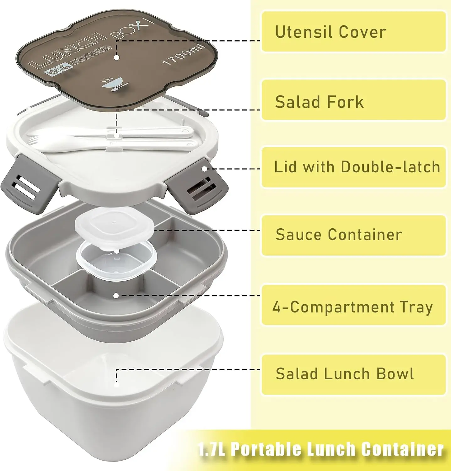 Grand bol à salade en plastique avec sac portable, 60oz, 1,7 l, 4 compartiments, tasse a aissce, blanc, grand, déjeuner, adultes