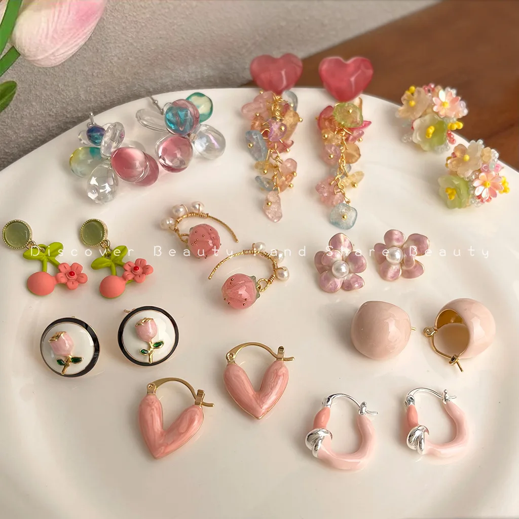 DIY accessories Sweet temperament pink flower stud earrings small fresh long fringed earrings super fairy fashion vacation style