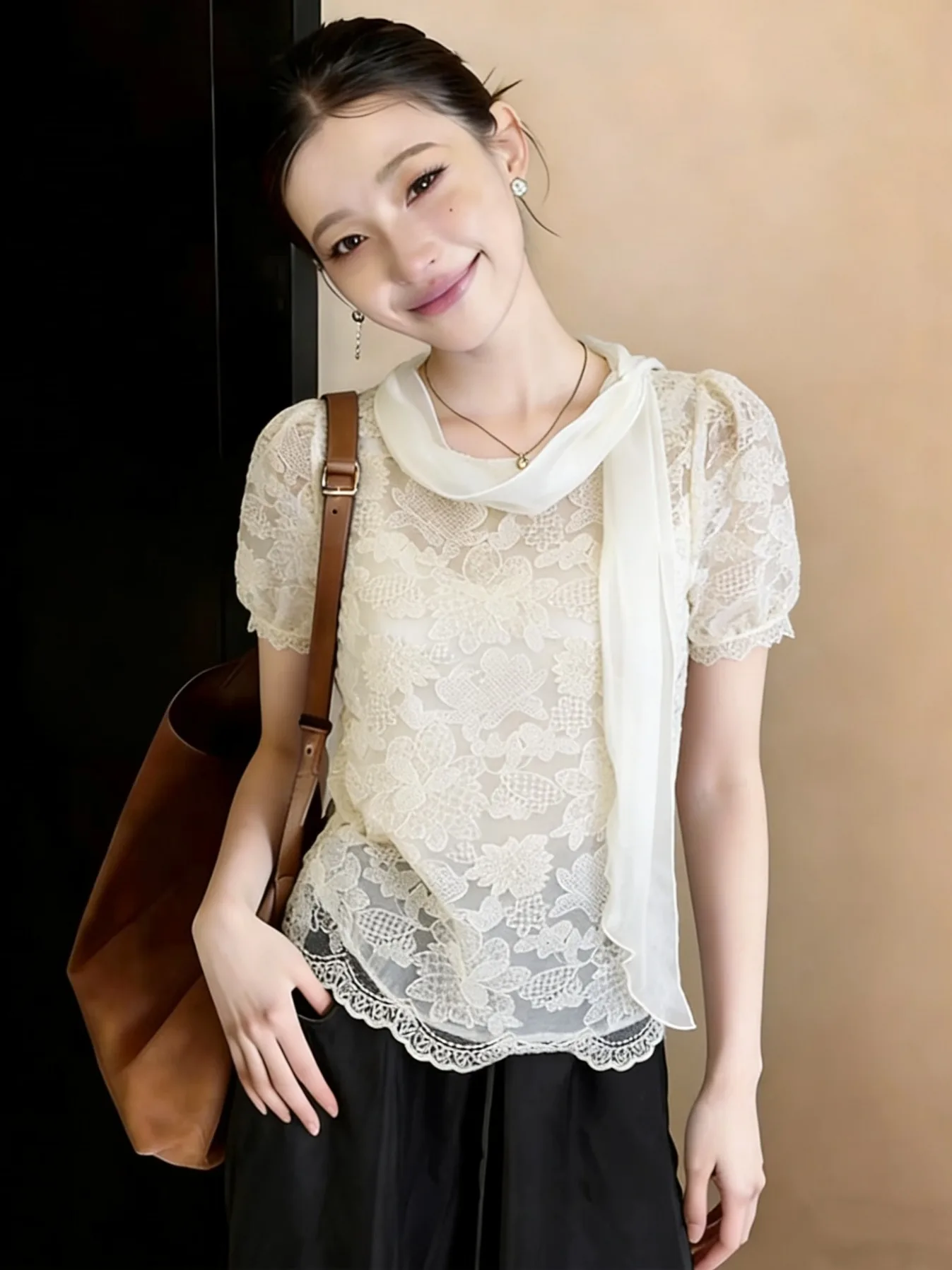 

Loose Fit Embroidered Flower Hollow out Necktie Shirt for plus Size Women Summer Breathable Short Sleeve Overhead Top