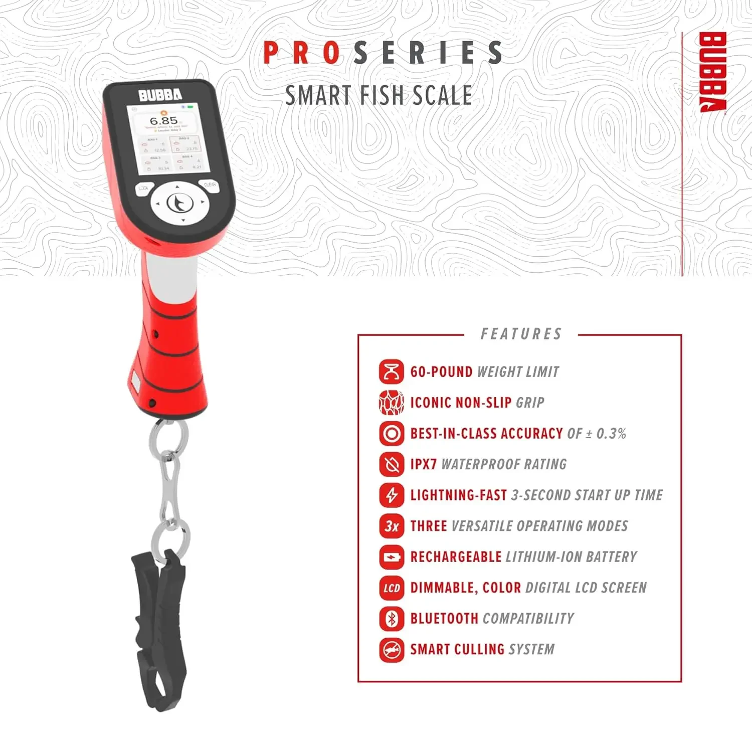 BUBBA Pro Series Smart Fish Scale, Torneio Ferramenta De Pesca, Bluetooth, Bateria Recarregável, 3 Modos, Tela Colorida Digital