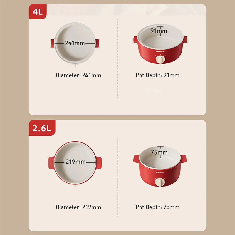 DAEWOO Multi-Function Electric Cooker S29, 2.6L & 4L Optional Capacity 2 Heat Gears Non-Stick Hot Pot with Dry Boil Protection