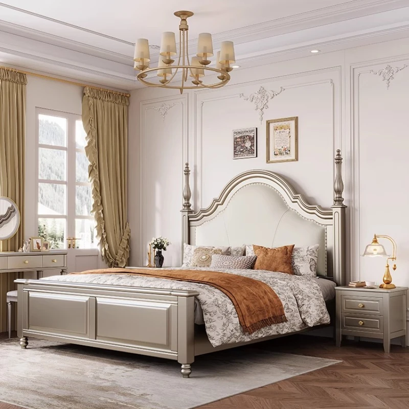 American Light Luxury Bed Solid Wood Designer Princess Sleeping Bedroom Frame Bed Queen Modern Wedding Muebles Hotel Furniture