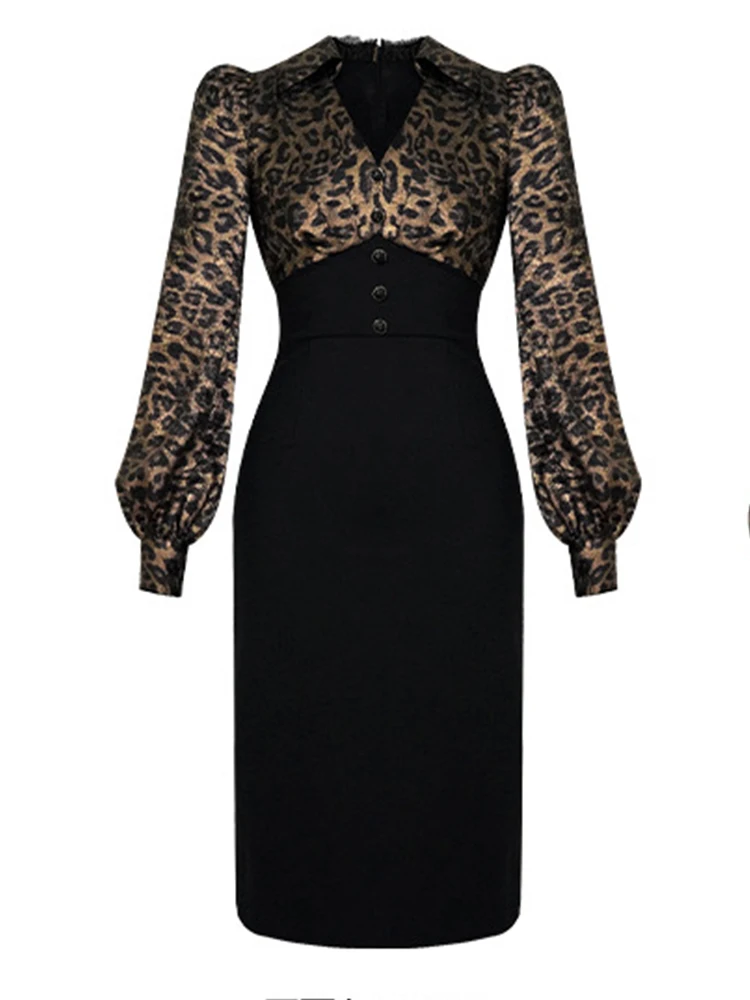 New  Elegant Fake 2 Piece Dress Women Retro Black Leopard Single Breasted Bodycon Robe Femme Party Vestidos Office Lady