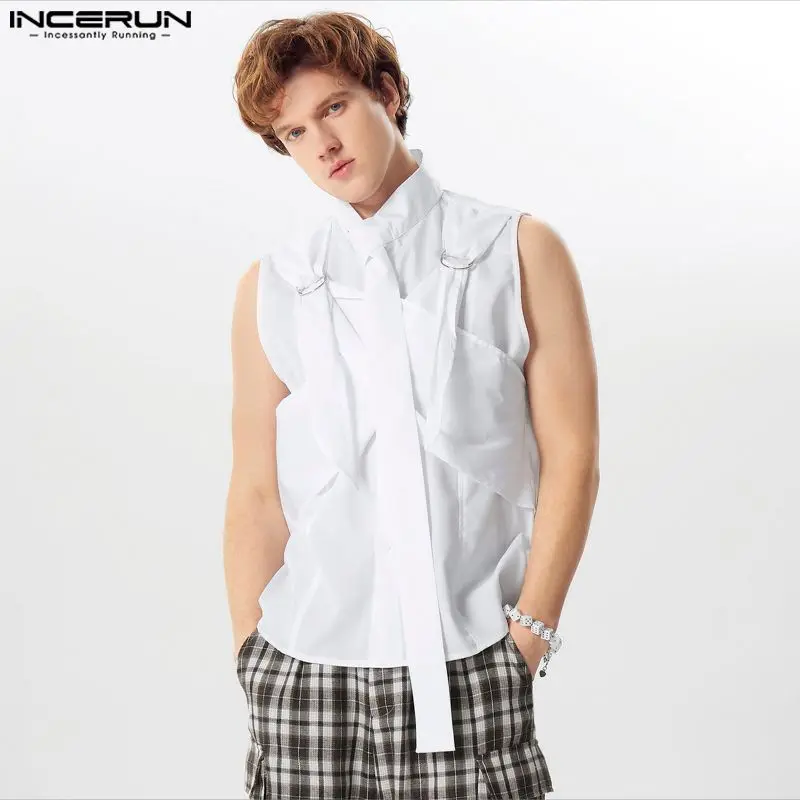 INCERUN Men Irregular Shirt Solid Color Lapel Sleeveless Casual Male Vests Streetwear Summer 2024 Fashion Men Clothing S-5XL