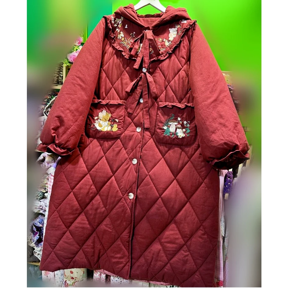 

Зимнее милое стеганое длинное пальто с вышивкой, женское пальто 2025 года, винтажное корейское модное милое кавайное пальто с капюшоном в стиле Лолиты, парки