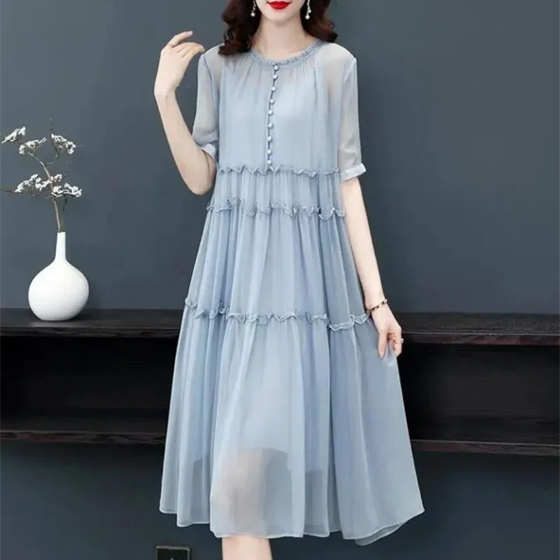 

Fashion Chiffon Dress Summer Mid Length Women's Dresses Vestidos Elegant Round Neck Loose Evening Party Korean Sundress Female