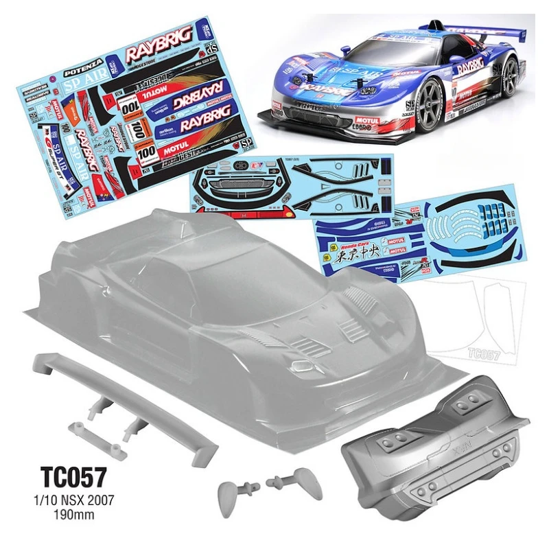 TC057 1/10 NSX 2007 przezroczysta obudowa Lexan z tylna owiewka lusterka i naklejka na samochód do driftu RC 258mm Tamiya tt01 tt02