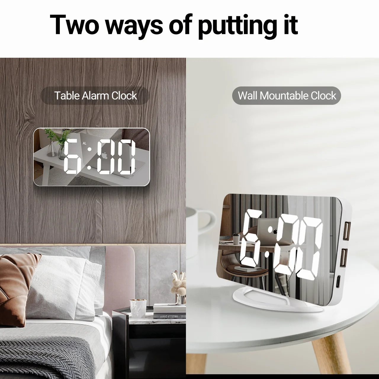 New Digital Alarm Clock 7" Large LED Mirror Electronic Clocks with Touch Snooze Dual USB Charge Desk Wall Modern Clocks Watches images - 6