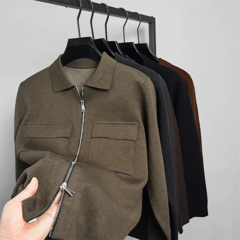 

New Cardigan Men's Jackets Autumn Winter Trendy Bidirectional Zipper Collage Design Tops Solid Color Casual Long Sleeve Sweater