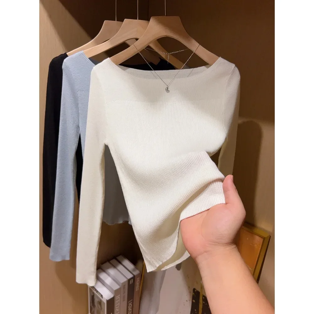 

Женская облегающая тонкая внутренняя рубашка ранней осени, трикотаж с волнистым элементом, синяя текстура, вязаный топ с длинными рукавами на одно плечо