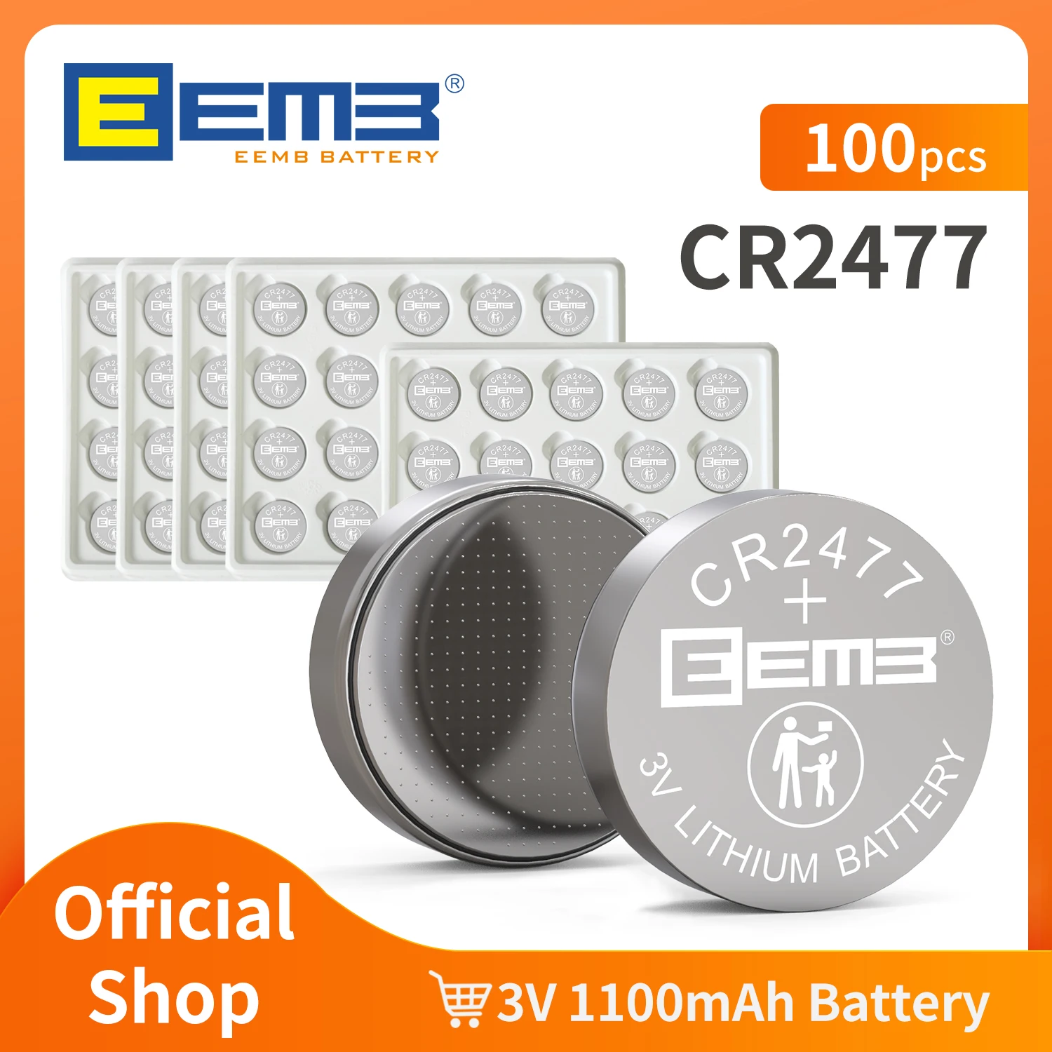 

EEMB 100PACK CR2477 3V Button Battery 1100mAh Lithium Battery Non-Rechargeable Coin Cell Battery for Watch Scales Car Keys