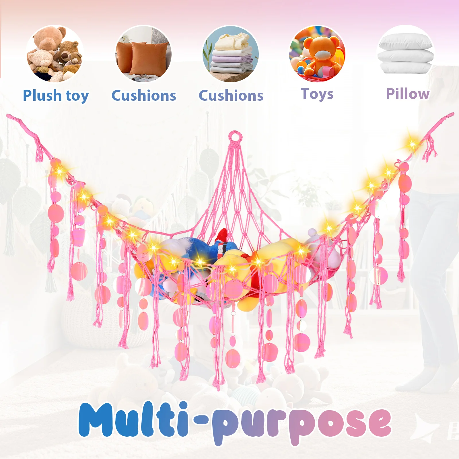 Stuffed Animals Hammock Net Large Capacity Plush Toy Storage Hammock with LED Light Kids Bedroom Decoration Corner Toy Organizer image 5