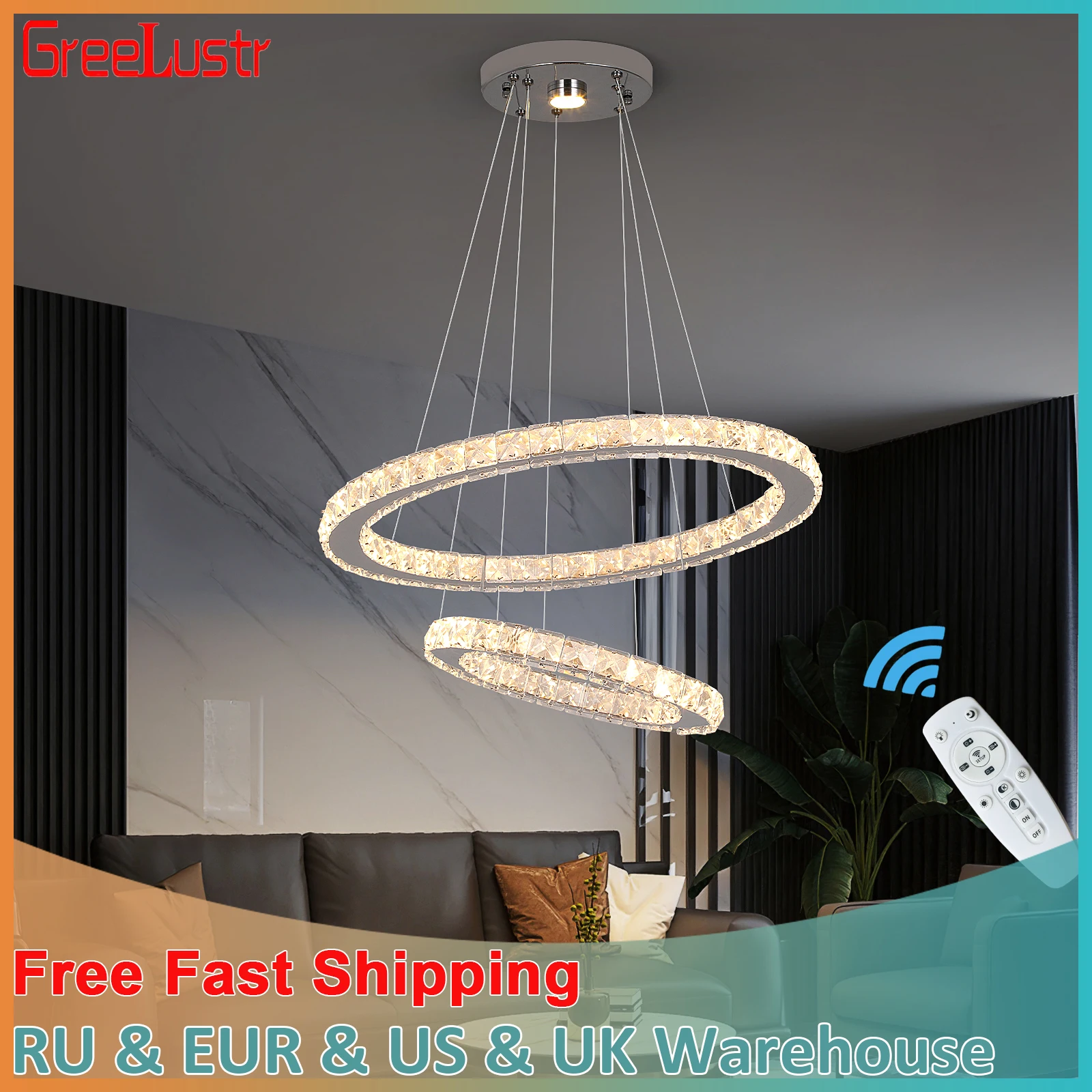 Modern Led  Pendant Light Luxury Crystal Rings Dimmable Chandelier Hanging Lustre Ceiling Lamp Living Dining Room Decor Fixture