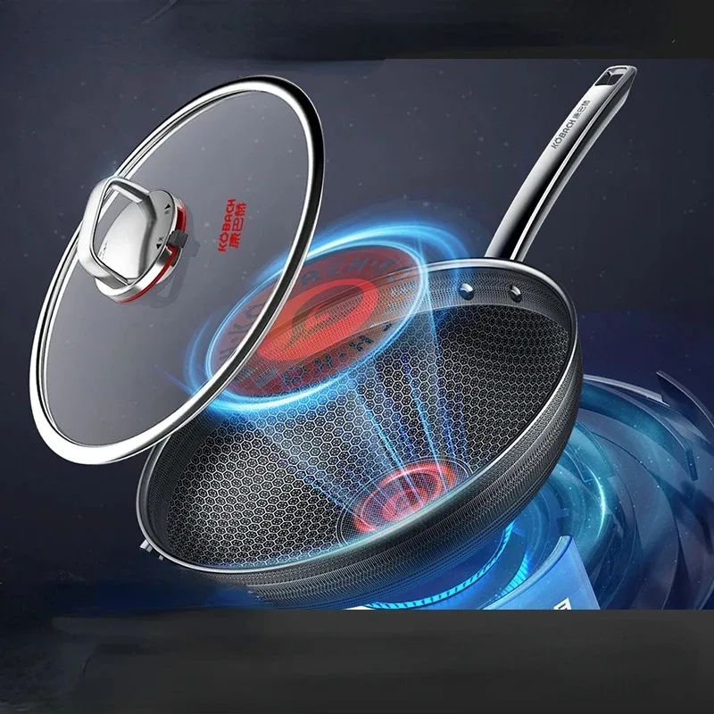 Wok Non-stick Surface Stainless Steel Double Honeycomb Frying Pan Sixth Generation Red Dot Temperature Sensing