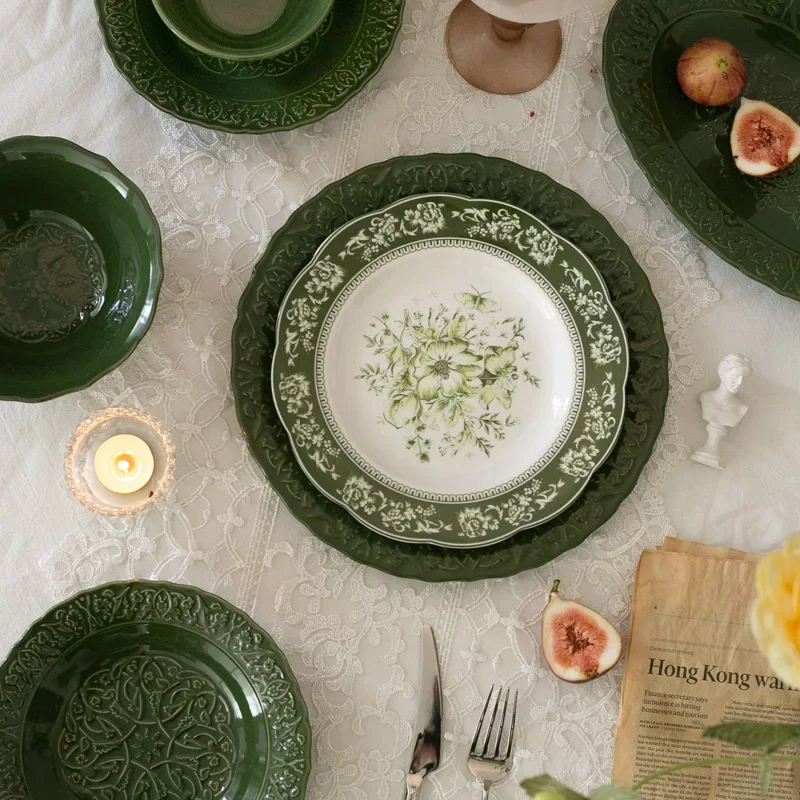 French Emerald Retro-style Embossed Lace Ceramic Dinner Plates, Ceramic Bowls, Rectangular Snack Plates, Steak Plates