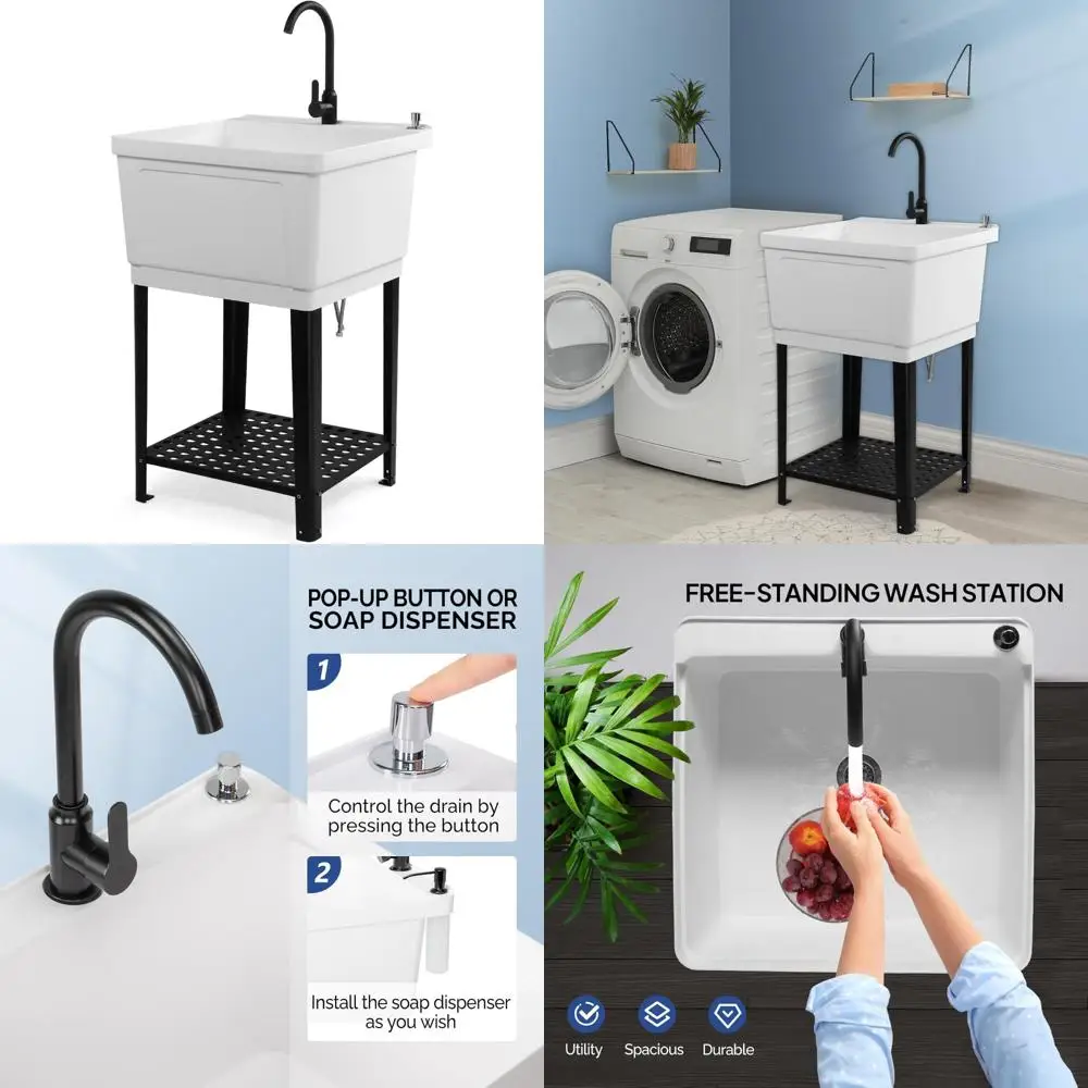 Fregadero independiente de 21 galones, grifo de acero inoxidable para lavabo, 23,6x23,6x36,2 pulgadas