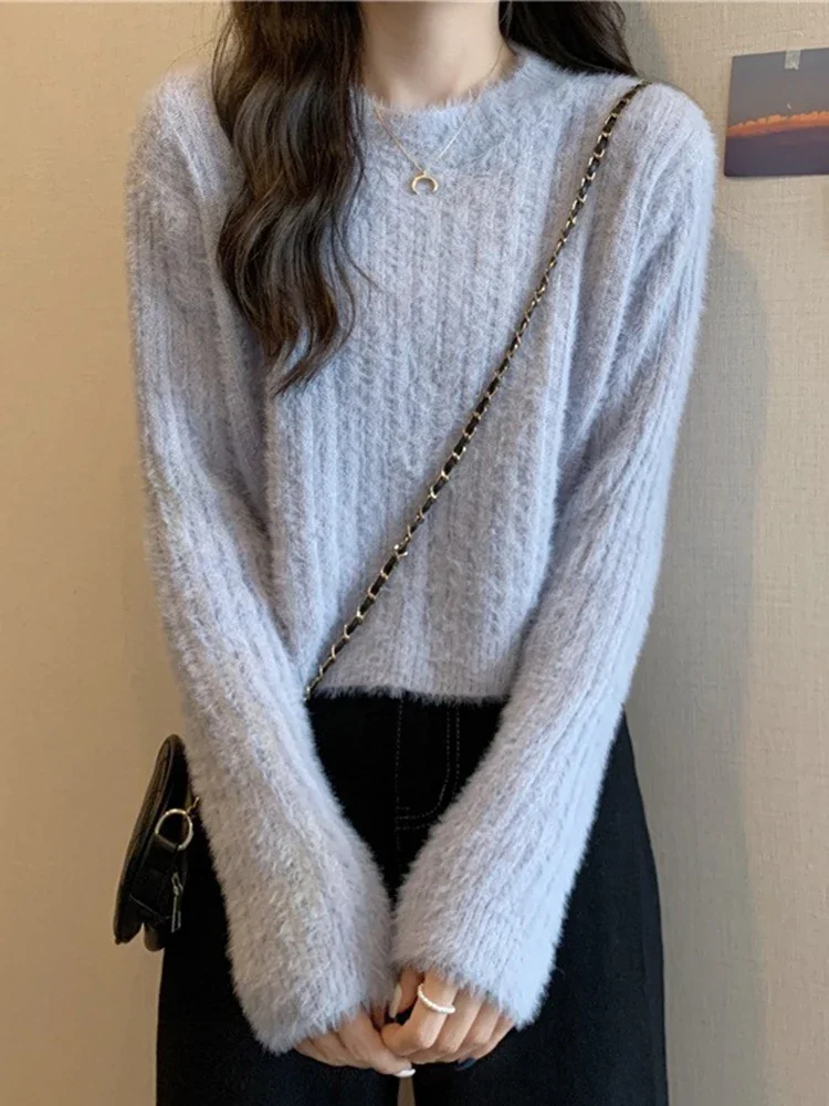 Maglioni morbidi e caldi in velluto di visone sintetico da donna autunno inverno maglione femminile allentato a maniche lunghe lavorato a maglia pullover casual solido