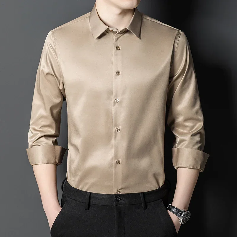 

New in shirt elastic long-sleeve shirts for men slim fir formal plain shirt wrinkle designer solid color office white clothes