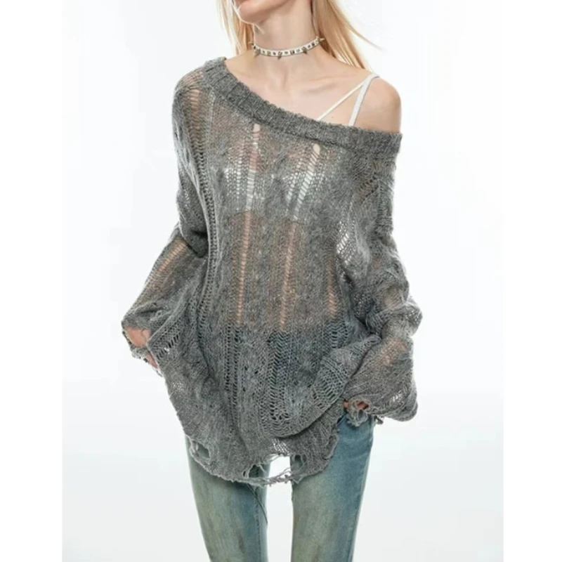 

Distressed Sweater for Women See-through Openwork Knit Long Sleeve V-Neck Ripped Pullovers Teen-girl Y2K Grunge Outfit