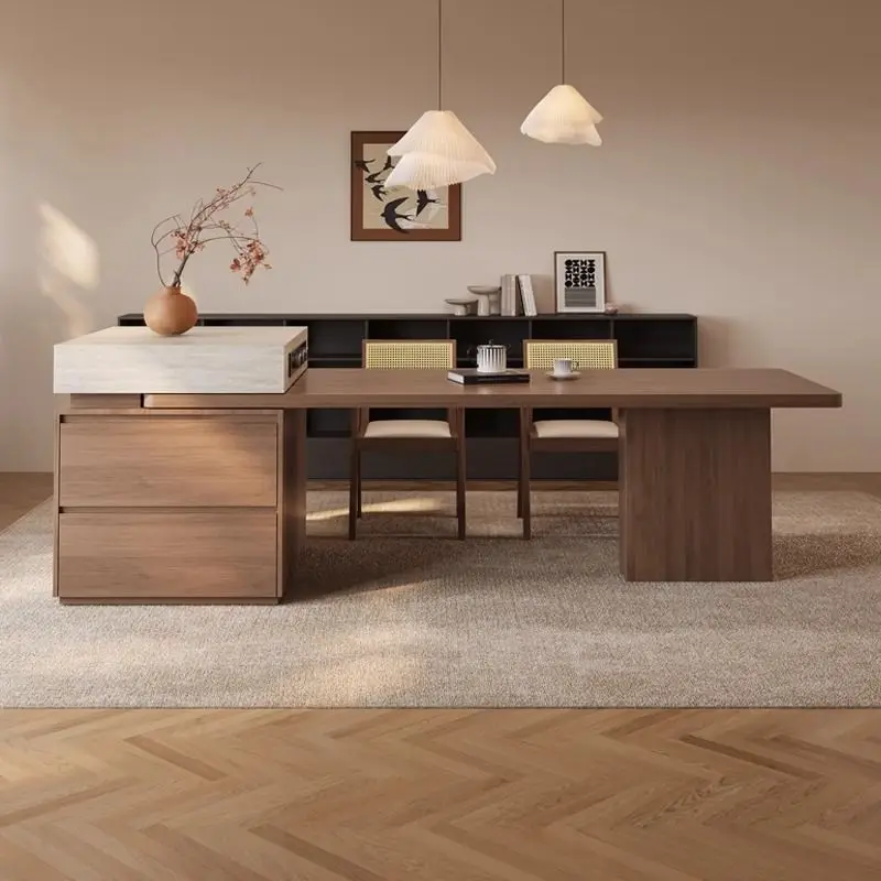 

Solid wood retractable integrated island dining table chairs medium antique walnut imported travertine rock slab small