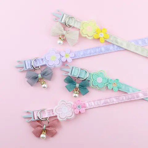 귀여운 고양이 목걸이 레이스 자수 활 단색 꽃 장식, 맞춤형 조절 가능 강아지 진주 목걸이, 애완 동물 액세서리