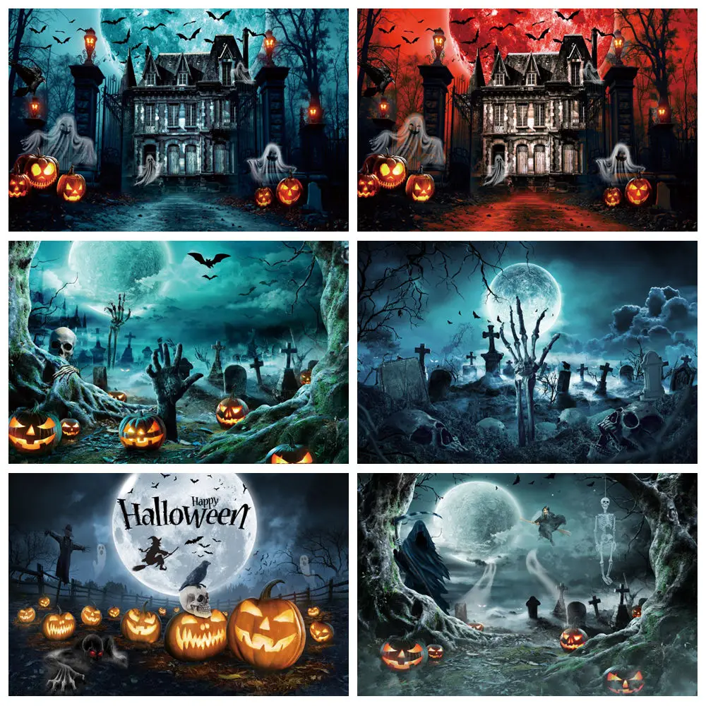 

Хэллоуин фон ночь полная луна мрачный деревянный кладбище череп призмы тыква летучая мышь дом с привидениями детская вечеринка фон для фотосъемки