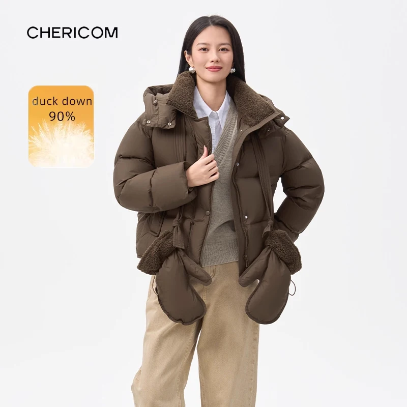 Chericom Women's Down Coat Short Lamb Wool Patchwork Detachable Hood Winter Thickness Coat Windproof Warm Down Jacket Y318180Y