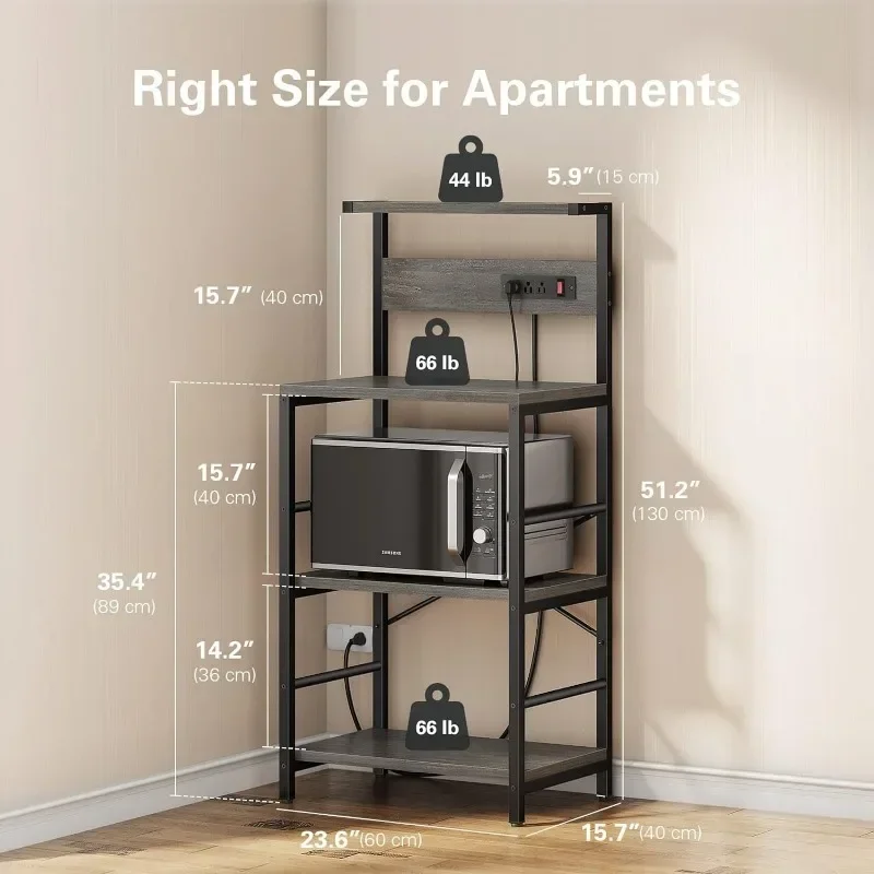 Rack with 3 s, 4-Tier Kitchen Microwave Stand with Storage, Freestanding Kitchen Shelf Stand 23.6