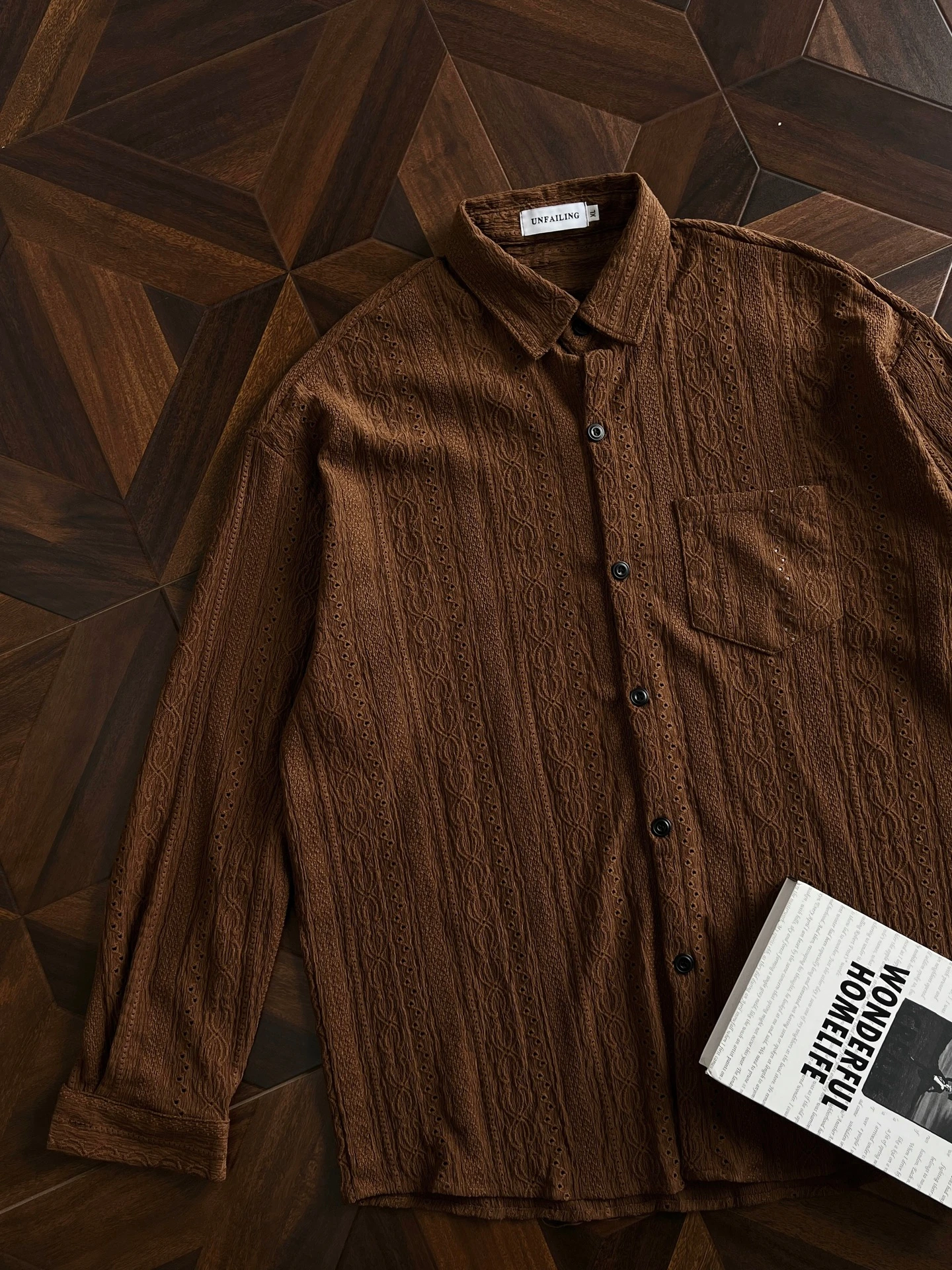 

Retrospective Hollow out Long Sve irt Men's Casual Versatile Outerwear for Autumn Season Youth Trend Cotton Polyester Blend