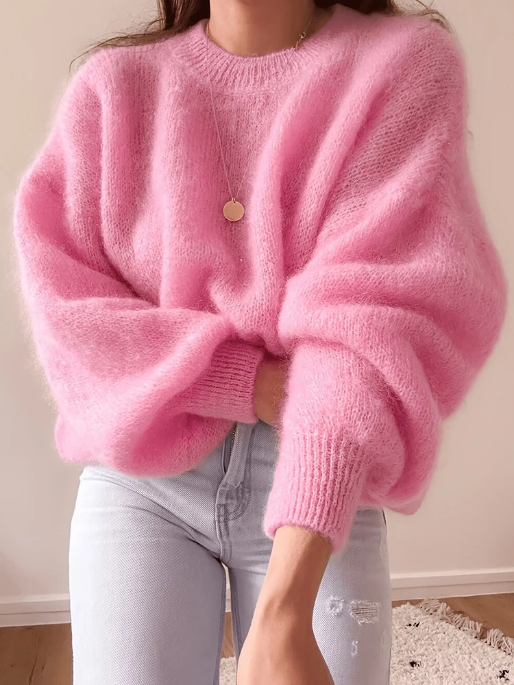 Women Oversized Fuzzy Knit Sweater Chic Crew Neck Long Lantern Sleeve Loose Soft Sweaters Casual Fall Winter Pullover Jumper Top