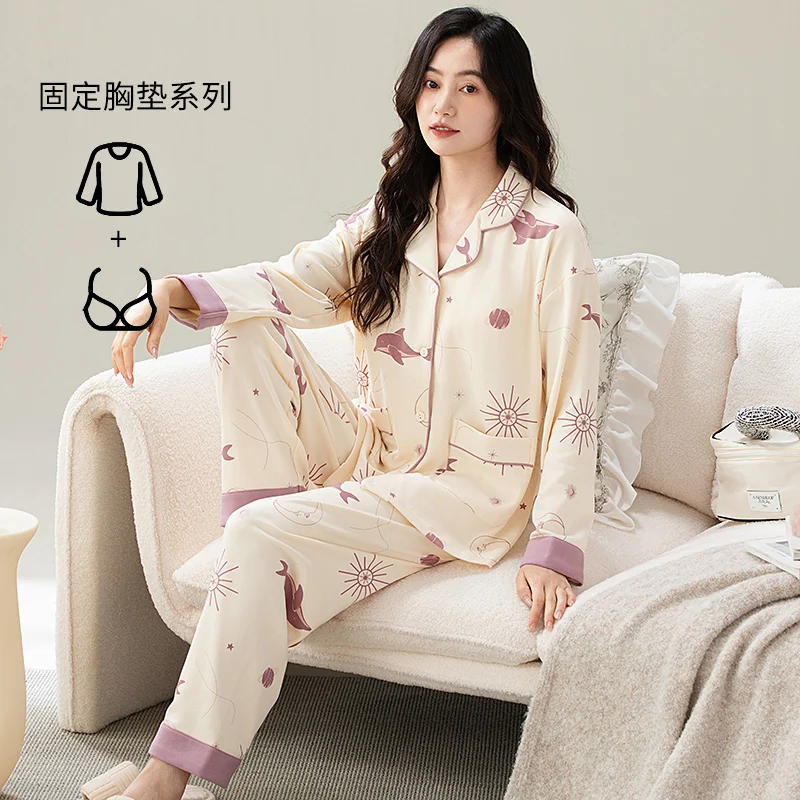 High Quality Spring and Autumn Women Knited Cotton Sleepwear Female Long Sleeve Pajamas Set With Chest Pad