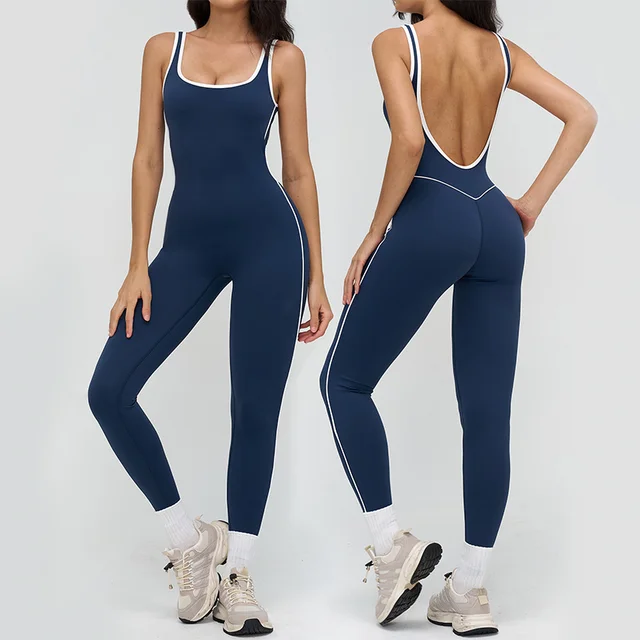 TRY TO BN Sports Jumpsuit Gym Contrast Color Sportswear Backless Fitness Workout One Piece Bodysuit Running Yoga Women Clothing
