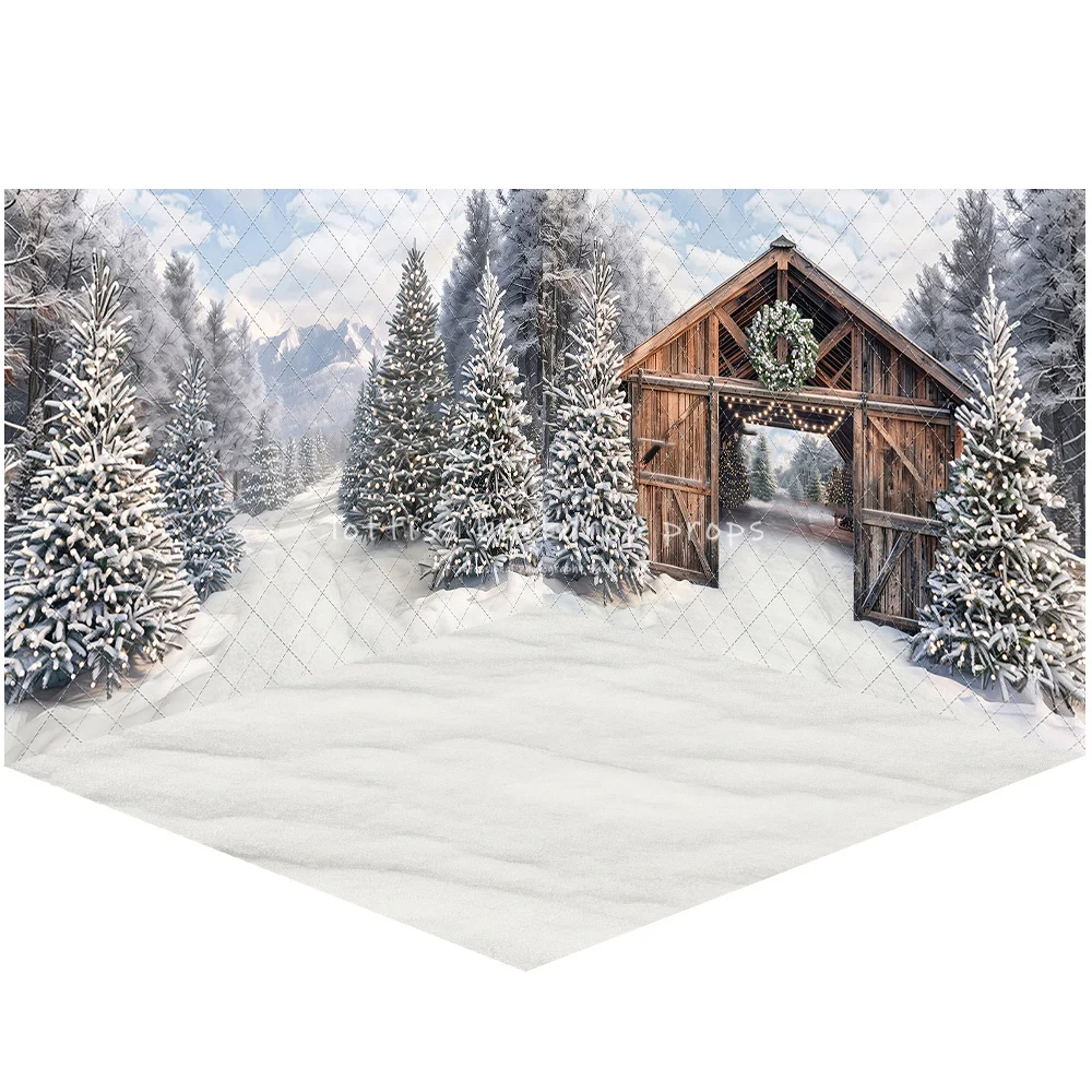 Snowy Mountain Tree Farm Backdrops Kids Family Photography Props Snowy Forest Wooden Farm House Front Backgrounds